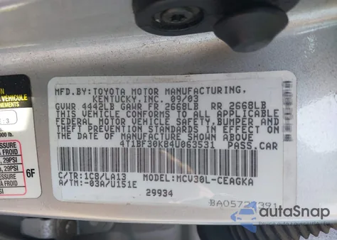 2004 Toyota Camry Xle V6 from USA, damaged, VIN 4T1BF30K84U063531